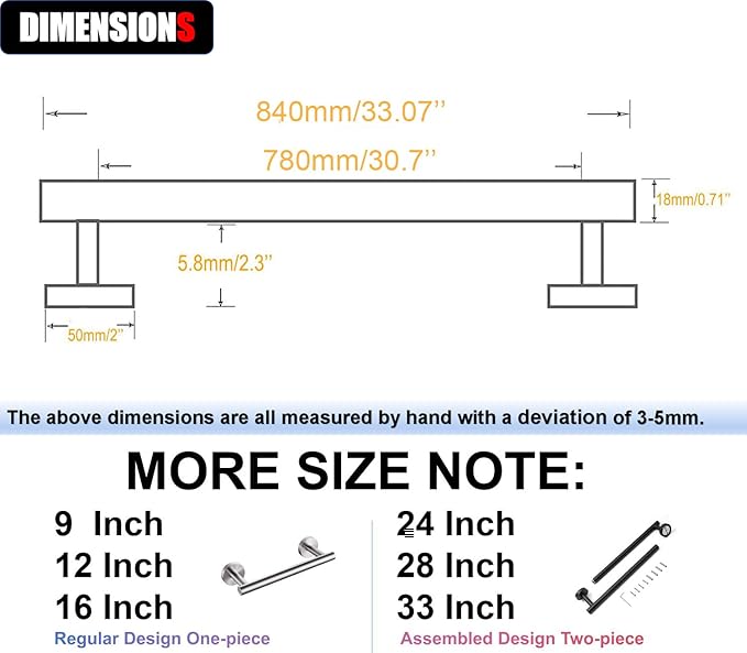 33 Inch Towel Bar for Bathroom 9/12/16/24/28/33 Inch Kitchen Hand Towel Holder Brushed Nickel SUS304 Stainless Steel RUSTPROOF Wall Mount Towel Rod(1, Brushed Nickel, 33 Inch)