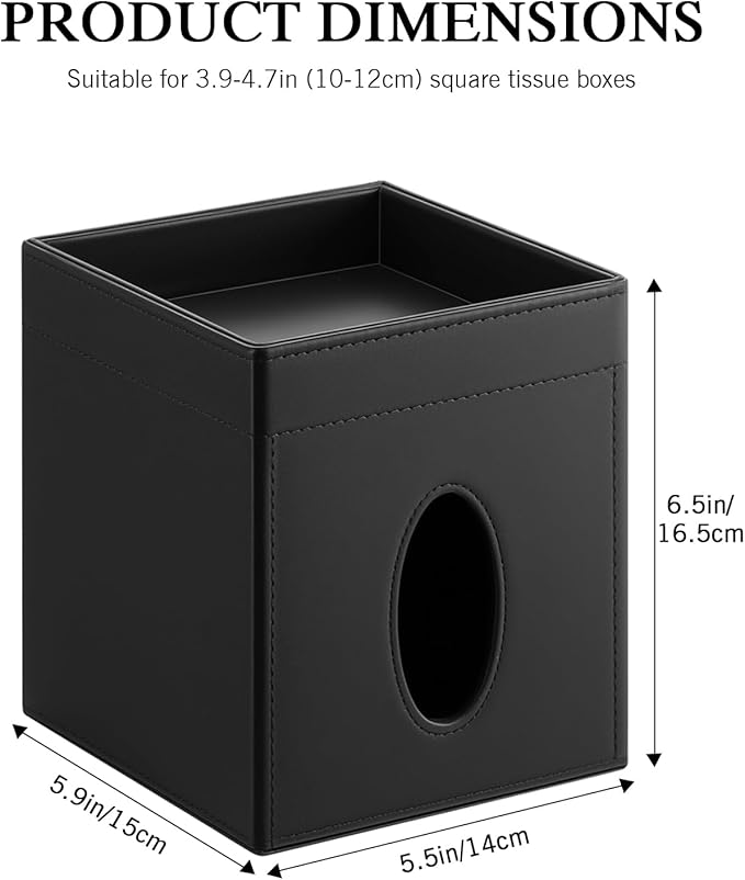 Luxspire Square Tissue Box Cover, PU Leather Square Tissue Box Cover with Storage Tray, Tissue Box Holder, Tissues Cube Boxes Cover for Living Room, Bedroom Countertop Cars Hotels, Black