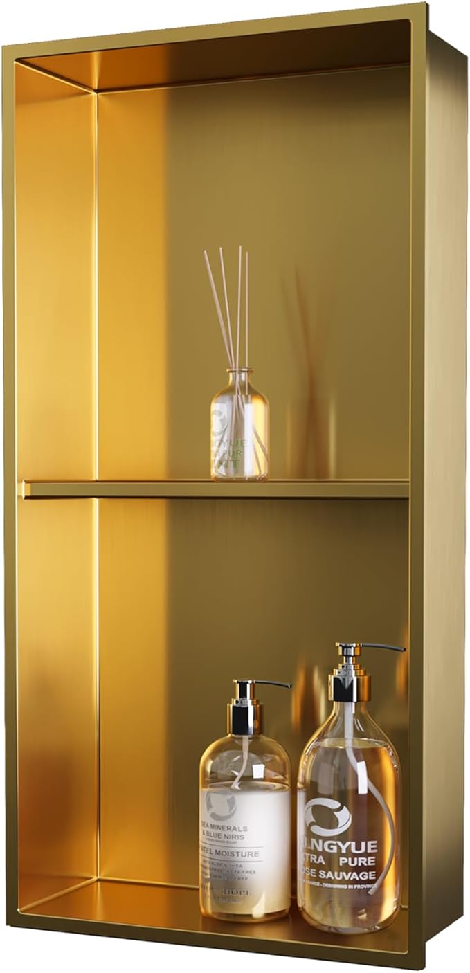 Shower Niche No Tile Needed: Stainless Steel Double Layer - 12"x24" Recessed Wall Niches Shelves for Bathroom Kitchen Toilet Storage - Brushed Gold
