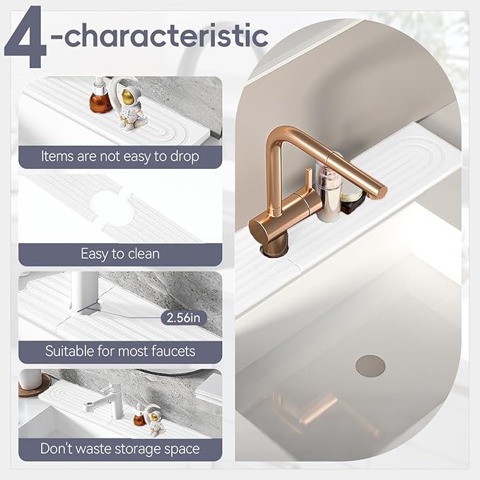 Absorbent faucet mat for Kitchen Sink - Water Absorbing Stone Tray for Sink, Diatomite Fast-Drying Faucet Mat,Faucet Splash Guard for Kitchen,Bathroom Sink (White, 15.8" x 3.9")