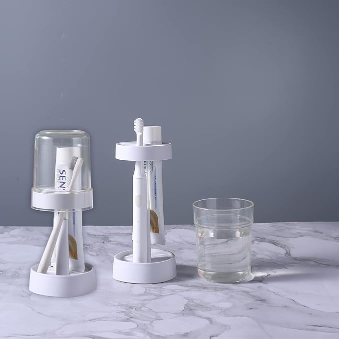 Toothbrush Holder with Cup/Cover Contains 2 Slots, Compatible with Electric Toothbrushes and Conventional Toothbrushes, Can Store Toothpaste Meiloi