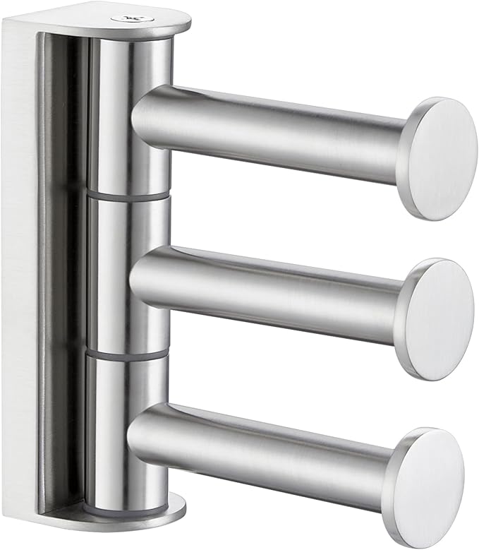 APLusee Brushed Nickel Swivel Coat Hook, 304 Stainless Steel Swivel Towel Hook for Bathroom with Multi 3 Rotating Arms, Wall Mounted