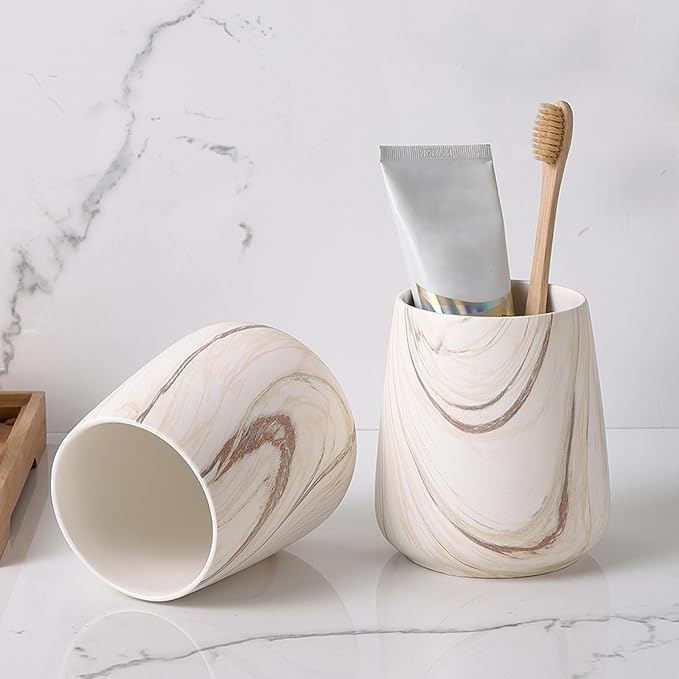 2Pcs Toothbrush Holder for Bathroom - Marble Brown Ceramic Tooth Brushing Holders Set, Toothbrush Cup & Toothpaste Organizer for Bathroom Countertop, Makeup Brush Holder, Pen Holder for Home Storage