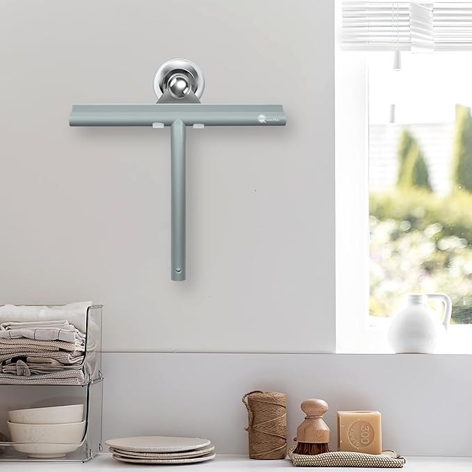 9 Inch Rounded Shower Squeegee with Hook & Suction Cup | Stainless Steel Core Silicone Wiper for Glass, Ceramic Doors & Windows - Grey Multi-Use Tool