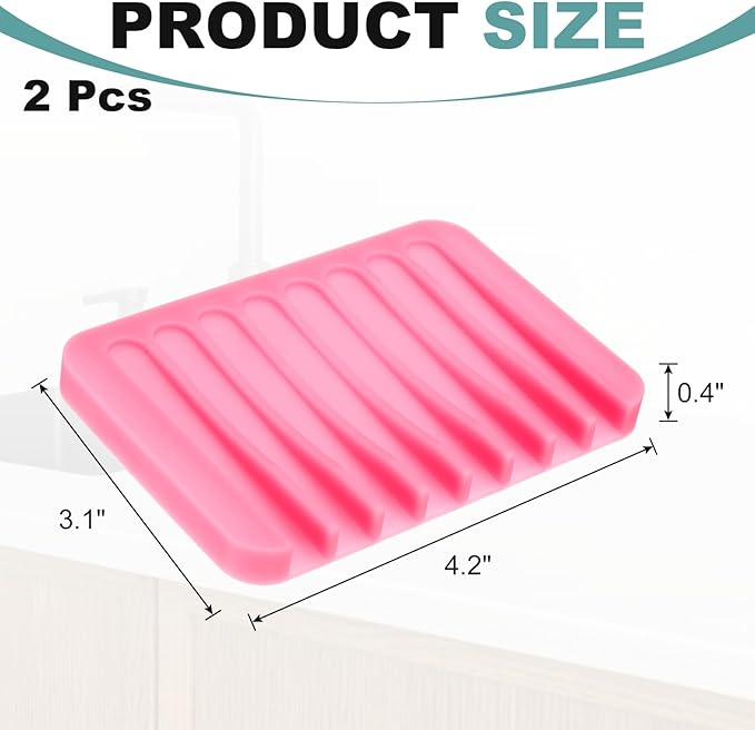 uxcell 2 Pcs Self Draining Silicone Soap Dish, Soap Tray with Drainage for Bathroom Shower Kitchen Sink, 4.5" x 3.1" x 0.4", Pink
