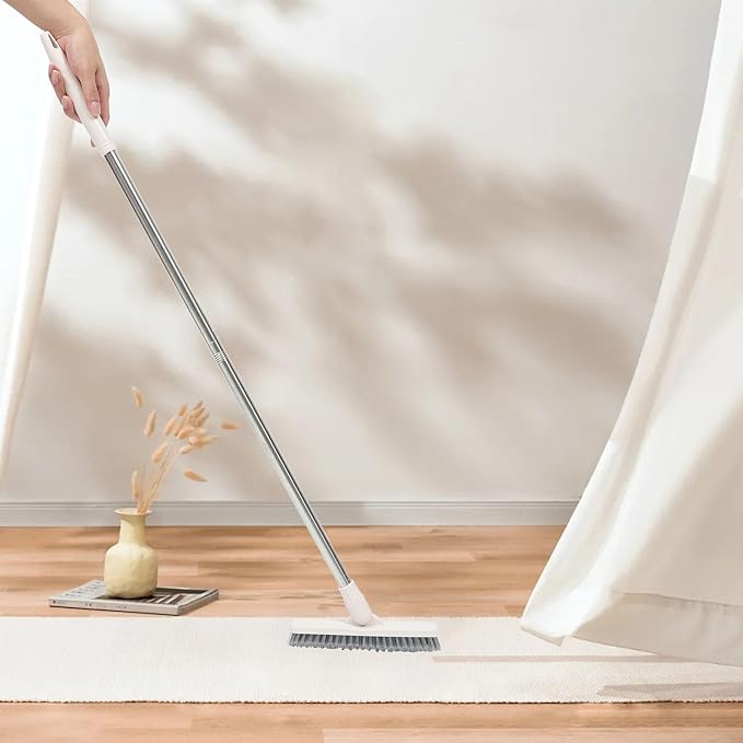 TEHAUX Long Handle Floor Scrub Brush with Rotatable Head, Tile and Grout Crevice Cleaning Brush for Bathroom and Wall Surfaces, Beige Hard Bristle Scrubber for Home Cleaning