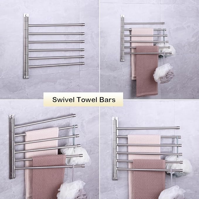 Swivel Towel Bar 6-Arm Bathroom Towel Holder Wall-Mounted Swing Out Towel Rack with Hooks Rustproof Brushed Finish