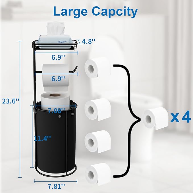 Free Standing Toilet Paper Holder with Storage - Bathroom Toilet Tissue Holder with Waterproof Organizer Bag, Rustproof Metal Toilet Paper Roll Holder with Shelf for Wipes & Phone, Black