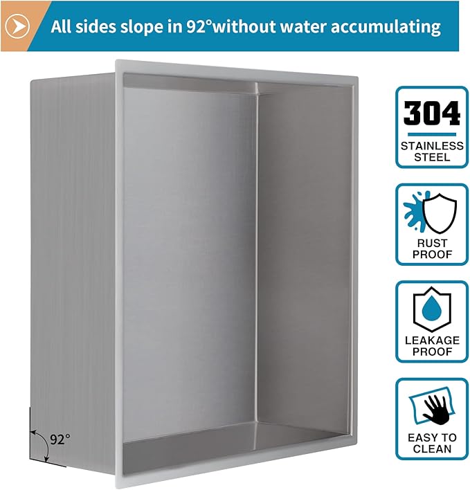 12.6"×12.6" Shower Niche Brushed Stainless Steel, Recessed Shower Caddy, Bathroom Shelf Insert Fits for 12.2" Square Wall Hole Installation (Nickel)