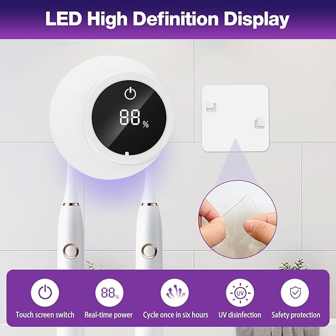 Toothbrush Sanitizer - Wall Mounted Toothbrush Holder LED Smart Screen with Auto Inductive Open/Close Cover for Bathroom Wall-Mounted (White)
