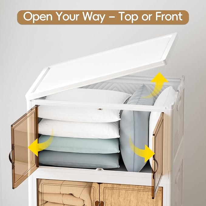 JEKO&JEKO 246Qt Stackable Storage Bins with Lids and Wheels, Foldable Collapsible Plastic Drawer Boxes for Clothes, Home, White, 3 Pack