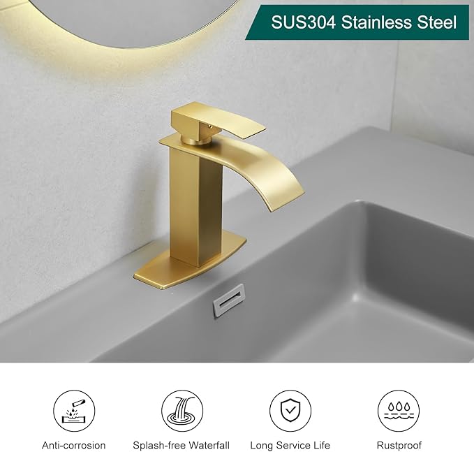 Hoimpro Brushed Gold Waterfall Spout Single Hole Bathroom Faucet, Stainless Steel Single Lever Bathroom Vanity Sink Faucet with Drain, cUPC Hose and Deck Plate