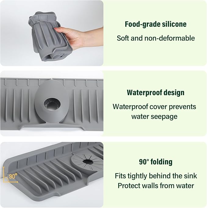 Silicone Faucet Splash Guard Mat for Kitchen Sink - Fast-Drain, Non-Slip Countertop Protector, Water Catcher Tray Behind Faucet, Easy Clean Silicone Drip Mat, 15.75"x 5.51"