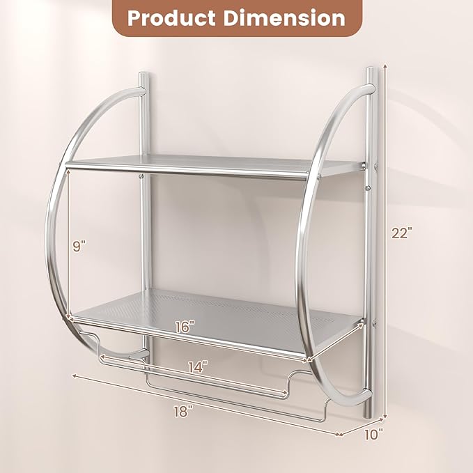 GOFLAME Wall Mounted Bathroom Shelf Set of 2, 2-Tier Chrome Towel Rack with Leaky Design Shelves, Towel Bars, Chrome Bathroom Shelf for Living Room Kitchen Bathroom, Silver