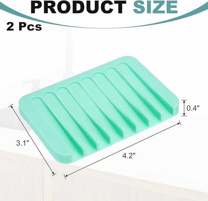 uxcell 2 Pcs Self Draining Silicone Soap Dish, Soap Tray with Drainage for Bathroom Shower Kitchen Sink, 4.5" x 3.1" x 0.4", Mint Green