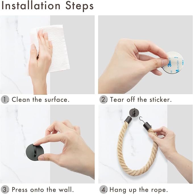 WONQEXZ Nautical Rope Toilet Paper Holder - Self Adhesive, No Drill Required, Black, Stainless Steel and Cotton Rope