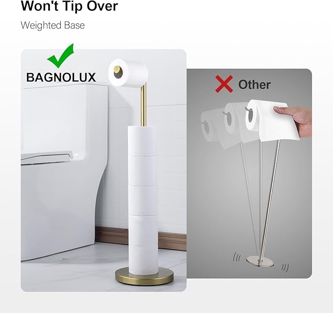 BAGNOLUX Bathroom Toilet Paper Holder Stand with Reserve, SUS304 Stainless Steel Rustproof Pedestal Tissue Roll Holder Heavy Duty, Brushed Light Yellow Gold