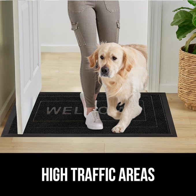 GORILLA GRIP 100% Waterproof All-Season WeatherMax Doormat, US Designed Natural Rubber, Stain and Fade Resistant, Low Profile Indoor Outdoor Door Mats, Easy Clean Patio Mat, 17x29, Black Welcome