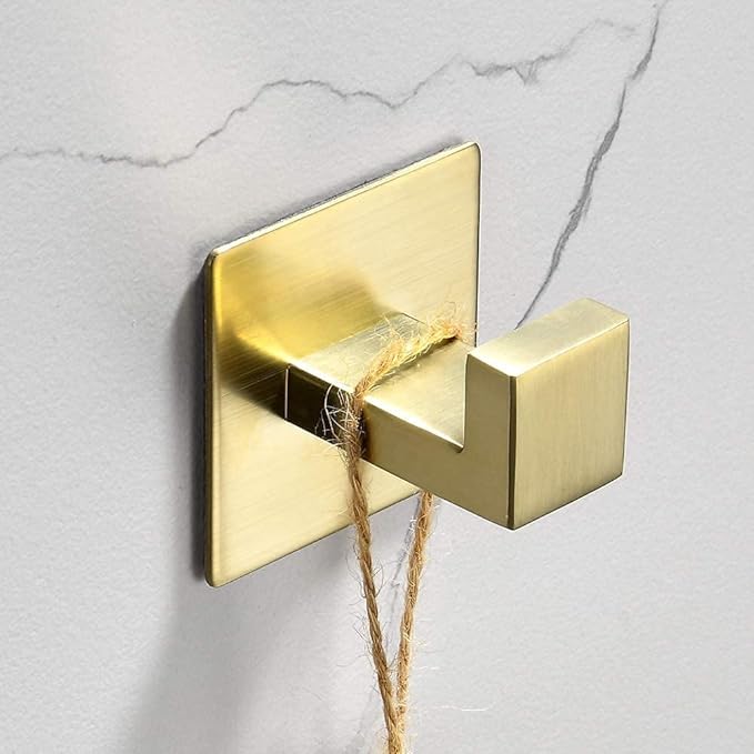 WOLIBEER Self Adhesive Towel Hook, Brushed Gold Bath Robe Hook 4 Packs No Drilling Stainless Steel Coat Hanger Sticky Wall Hook for Bathroom