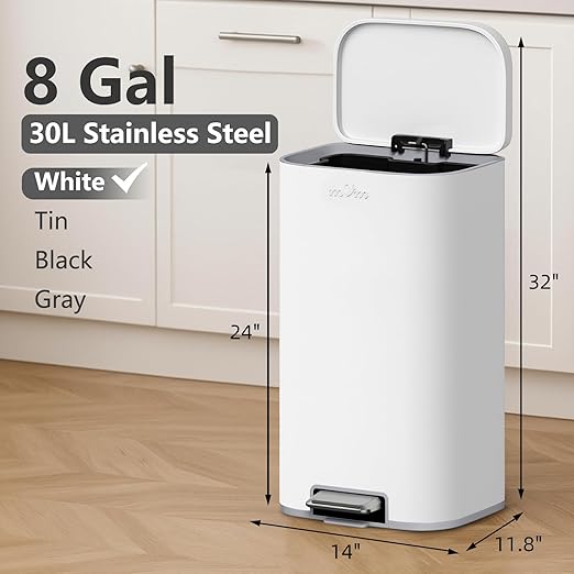 mVm 8 Gal Kitchen Trash Can, Step Trash Can with Lid, Smooth Edge Garbage Bin for Home Office (White)