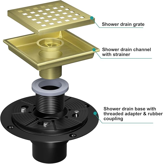 4 Inch Square Shower Drain, Shower Floor Drain with with Removable Square Hole Cover, 304 Stainless Steel Bathroom Drains with Flange (Brushed Bronze)