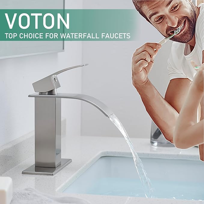 VOTON Waterfall Bathroom Faucets Brushed Nickel Modern Single Handle Sink Faucet for 1 or 3 Holes with Deck Plate and Pop-Up Drain, Rv Sink Camper Farmhouse Faucet