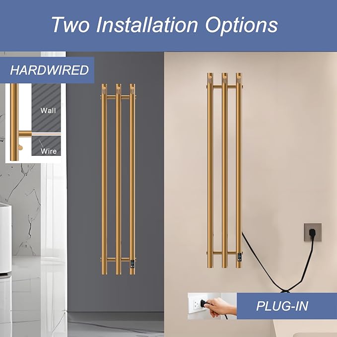 Electric Heated Towel Rack with Timer, Wall-Mounted Towel Warmer, 3 Vertical Bars, Silver, Plug-in or Hardwired, 37.4 Inch Height, Round Design (Gold)