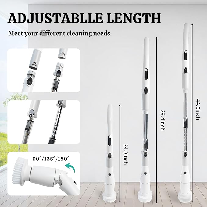 Electric Spin Scrubber with LCD Display,Shower Scrubber with Long Handle,Cordless Power Cleaning Brush with 8 Brush Heads, Electric Scrubber for Bathroom Kitchen Cleaning,IPX7 Waterproof