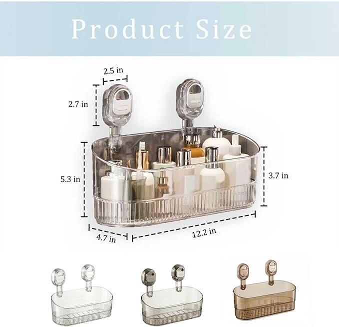 AVOKIHI No Drill Shower Shelf, Wall Mounted Suction Cup Caddy for Bathroom Storage, Waterproof Organizer Fits Shampoo Bottles (Transparent)