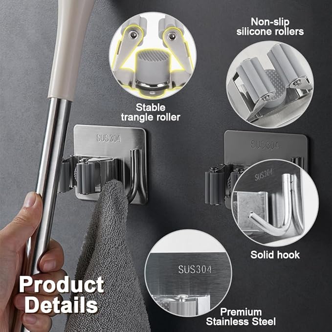4 Pack Self Adhesive Broom Holder Wall Mount, Heavy Duty Mop Holders No Drill, 2 in 1 Broom Holder with Storage for Laundry Room, Garage, Bathroom, Closet Kitchen, Garden Organization