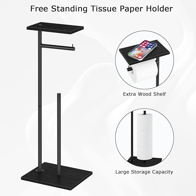 Black Toilet Paper Holder Stand Free Standing Toilet Paper Holder with Shelf Toilet Paper Storage Holder with Reserve for Bathroom Holds Wipe, Mobile Phone, Mega Rolls