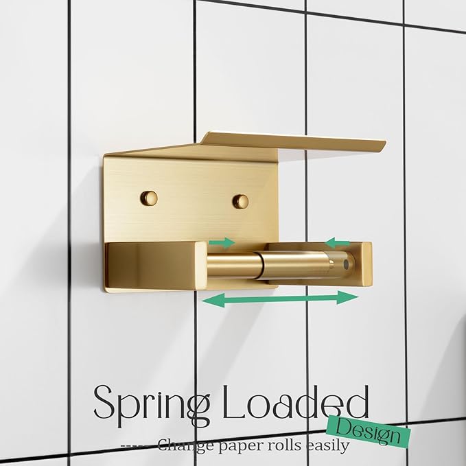 KOKOSIRI Roll Paper Holder Spring Loaded Tissue Paper Holder Bathroom Toilet Roll Holder with Shelf Wall Mounted Stainless Steel Brushed Gold B2012BG
