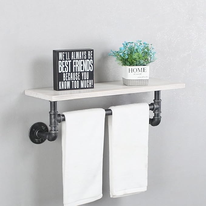 MBQQ Iron Pipe Shelves Industrial Bathroom Shelves with Towel bar,24in Rustic Metal Pipe Floating Shelves Pipe Wall Shelf,1 Tier Industrial Shelf Wall Mounted,Retro White