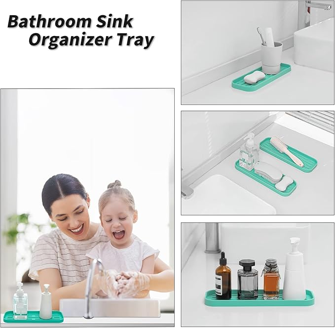 Silicone Kitchen Sink Organizer Tray for Multiple Usage,Eco-Friendly Sponges Holder for Kitchen Bathroom Counter or Sink,Dish Soap Dispenser,Scrubber,Bottle,Cup (Mint, 12"×4")