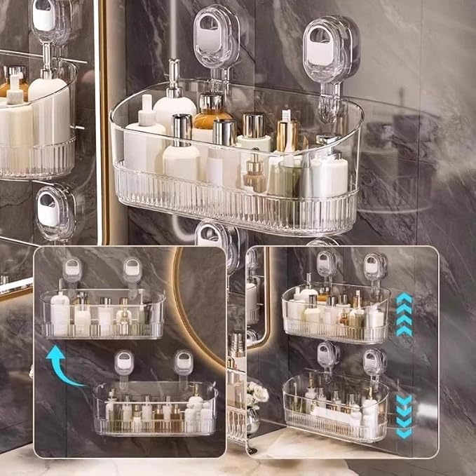 No-Drill Bathroom Suction Storage Box – Large Capacity and Strong Load-Bearing, Removable Hanging Storage Basket (Gray)