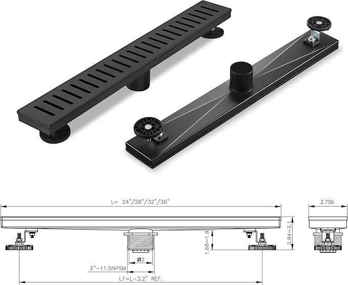 Linear Shower Drain 24 inch, Floor Drain with Removable Pattern Grate, 304 Stainless Steel Rectangular Linear Drain with Hair Strainer, CUPC Certified, Matte Black, SD-104