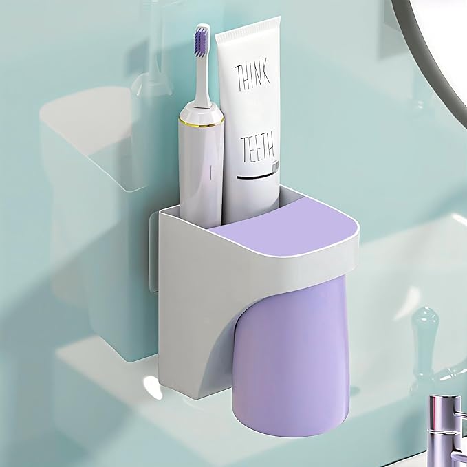 Toothbrush Holder Suction Cup Set, sgzscl Bathroom Storage Organizer Space Saving for Family Members Father Mother and Son/Daughter (Purple White)