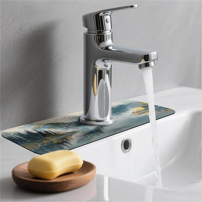 Kitchen Sink Splash Guard，Misty mountains,lake Faucet Mat Sink Gadgets-Super Absorbent Fast Drying Mat Drip Catcher for Kitchen, Bathroom,Sink Mat, Dish Drying Mat, Bathroom(15" X 5.5" )