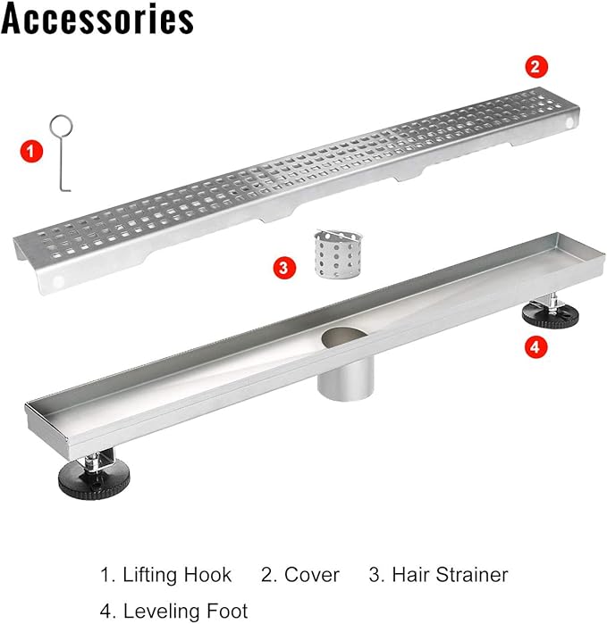 SaniteModar Linear Shower Drain, Linear Drain 32 inch with Removable Square Hole Panel, Brushed 304 Stainless Steel Shower Floor Drain with Adjustable Feet and Hair Catcher