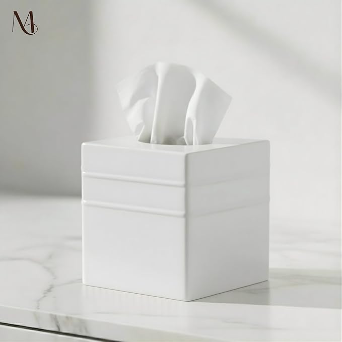 Monarch Abode Tissue Box Cover Square – Handcrafted Border Embossed White Metal Tissue Holder Box for Bathroom Accessory, Aesthetic Decorative Facial Napkin Cube for Modern Home Decor