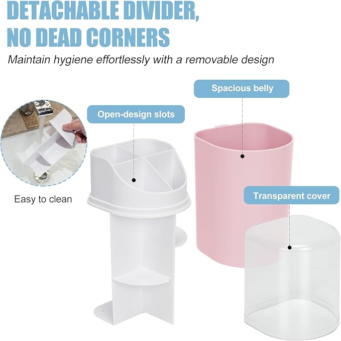 Tall Electric Toothbrush Holder with Cover, 10.6" Dust Proof Bathroom Caddy Fits Adults Electric Toothbrushes, Toothpaste, Wall Mount or Countertop Organizer with Removable Dividers, 4 Slots (Pink)