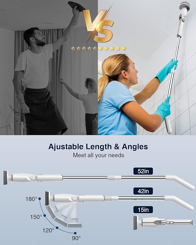 Leebein Electric Spin Scrubber, 2024 New Electric Scrubber with 4 Adjustable Angles and 8 Brush Heads, Shower Scrubber with Long Handle & Remote Control, Cleaning Brush for Bathroom, Tub, Floor(White)
