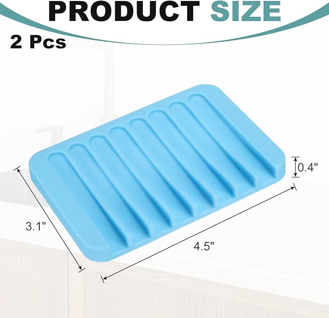 uxcell 2 Pcs Self Draining Silicone Soap Dish, Soap Tray with Drainage for Bathroom Shower Kitchen Sink, 4.5" x 3.1" x 0.4", Sky Blue