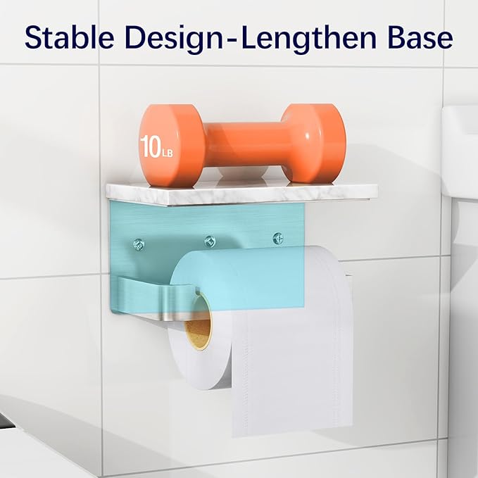 Toilet Paper Holder with Shelf, Extended Base Wall Mounted, Marble Toilet Roll Holder Brushed Nickel for Bathroom Washroom