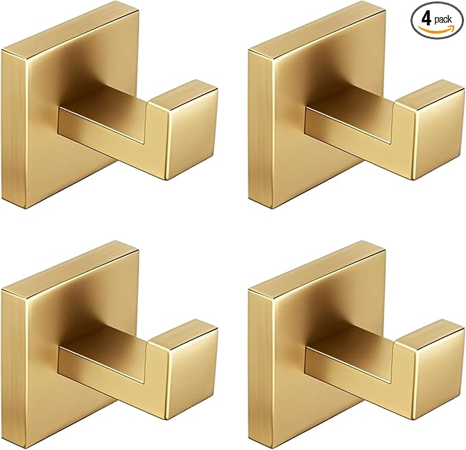 Nolimas Towel Hook Stainless Steel Bathroom Rustproof Clothes Towel Coat Hook Wall Mounted Square Toilet Kitchen, Heavy Duty Door Hanger, 4 Pack, Brushed Gold