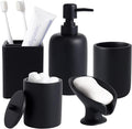 Resin Matte Black Bathroom Accessories Set of 5, Lotion Soap Dispenser, Bathroom Organizer Accessory, Toothbrush Holder, Self Draining Soap Dish and Bathroom Tumbler for Modern Home Decor