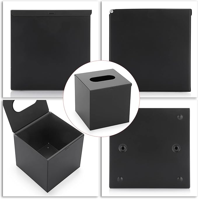 Sumnacon Square Tissue Box Cover - Stylish Cube Stainless Steel Tissue Box Holder, Modern Metal Facial Tissue Holder for Dresser Table Night Stand Bathroom Vanity Home Office Bar Wall Decor, Black