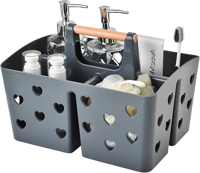 Gray Portable Shower Caddy with Handle, Large Plastic Shower Basket Organizer for College Dorm Room Essentials, Bathroom, Gym, Camping, Non-Slip Drainage Design for Toiletries & Cleaning Supplies