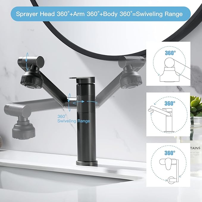 Black Bathroom Faucet 1080 Degree Swivel Lavatory Basin Sink Faucet 1 Handle Big Angle Spray Aerator Spout Extender Universal Rotating Splash Filter 2 Water Outlet Modes