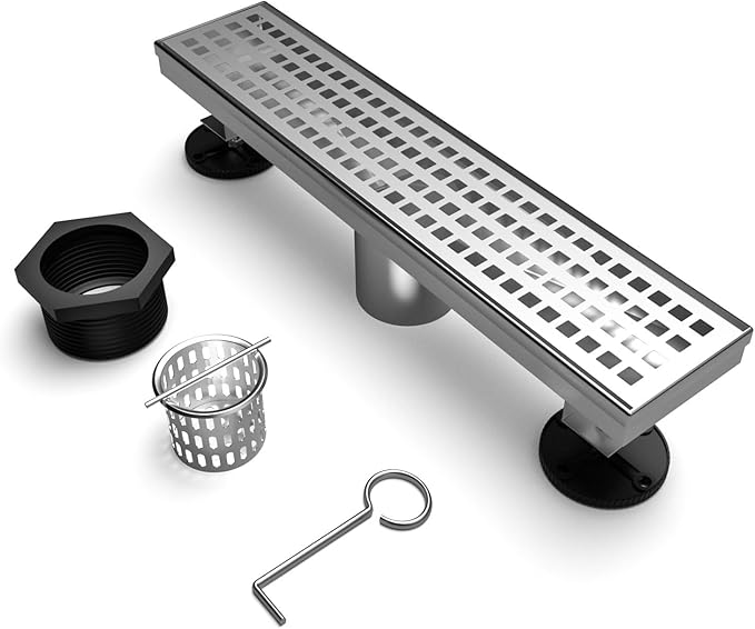 12 Inch Linear Drain Shower Rectangular Floor Drain with Removable Square Hole Cover and Hair Catcher, Long Shower Drains 304 Stainless Steel CUPC Certified (Brushed Nickel)